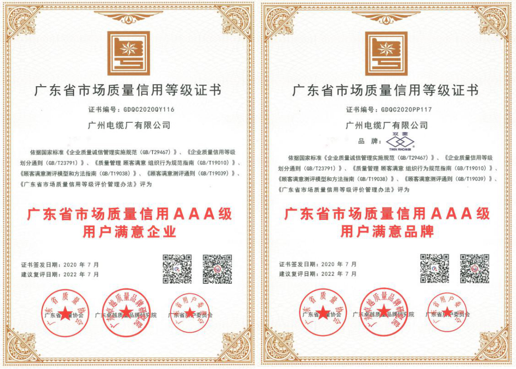 四喜臨門(mén)|廣州電纜獲質(zhì)量信用評(píng)級(jí)“雙AAA”、用戶(hù)滿(mǎn)意度“雙100” 四喜臨門(mén)|廣州電纜獲質(zhì)量信用評(píng)級(jí)“雙AAA”、用戶(hù)滿(mǎn)意度“雙100”