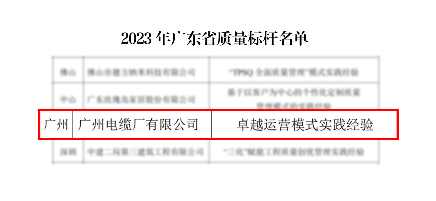 行業(yè)領(lǐng)先|廣州電纜獲評廣東省質(zhì)量標(biāo)桿